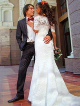 Trumpet/Mermaid Off-the-Shoulder Sweep/Brush Train 1/2 Sleeves Wedding Dress with Lace