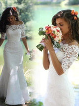 Trumpet/Mermaid Off-the-Shoulder Sweep/Brush Train 1/2 Sleeves Wedding Dress with Lace