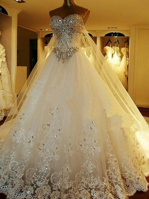 Ball Gown Sweetheart Court Train Sleeveless Tulle Wedding Dress with Beading