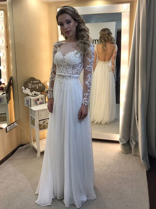 A-Line/Princess Bateau Floor-Length Long Sleeves Chiffon Wedding Dress with Lace