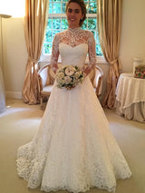 Ball Gown High Neck Court Train Long Sleeves Lace Bride Dress with Lace