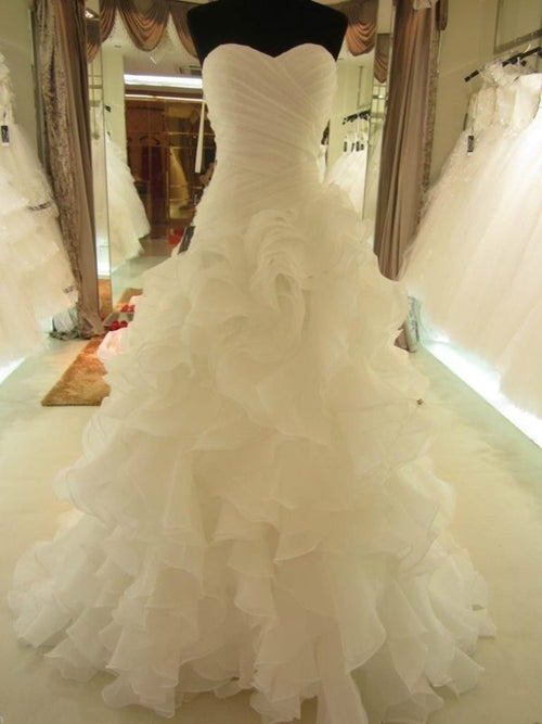 Ball Gown Sweetheart Court Train Sleeveless Organza Wedding Dress with Ruffles