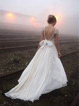 A-Line/Princess V-neck Floor-Length Sleeveless Chiffon Wedding Dress with Lace