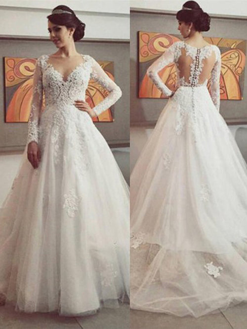 Ball Gown V-neck Court Train Long Sleeves Tulle Wedding Dress with Lace