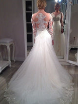 A-Line/Princess V-neck Sweep/Brush Train Long Sleeves Tulle Wedding Dress with Sequin