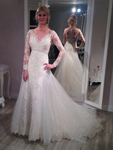 A-Line/Princess V-neck Sweep/Brush Train Long Sleeves Tulle Wedding Dress with Sequin