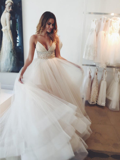 Ball GownSpaghetti Straps Court Train Sleeveless Tulle Wedding Dress with Crystal