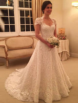 A-Line/Princess Sweetheart Court Train Short Sleeves Wedding Dress with Lace