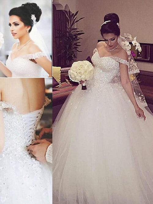 Ball Gown Off-the-Shoulder Court Train Sleeveless Tulle Bridal Gown with Lace