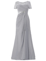 A-Line/Princess Scoop Short Sleeves Chiffon Floor Length Mother of the Bride Dress with Illusion