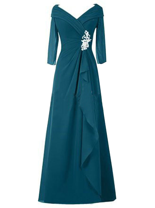 A-Line/Princess V-Neck Long Sleeves Chiffon Floor Length Mother of the Bride/Groom Dress with Ruched
