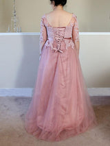 A-Line/Princess Bateau Half Sleeves Floor Length Tulle Plus Size Mother of the Bride Dress with Applique