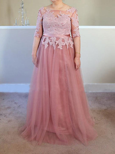 A-Line/Princess Bateau Half Sleeves Floor Length Tulle Plus Size Mother of the Bride Dress with Applique