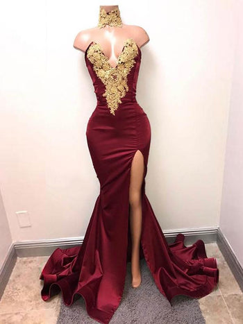 Trumpet/Mermaid V-neck Sleeveless Sweep/Brush Train Satin Split Dress with Applique Lace