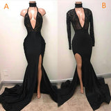 Trumpet/Mermaid High Neck Long Sleeves Sweep/Brush Train Satin Split Dress with Beading