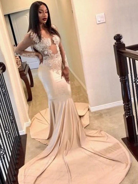 Trumpet/Mermaid Scoop Long Sleeves Court Train Satin Prom Formal Dress with Applique Lace