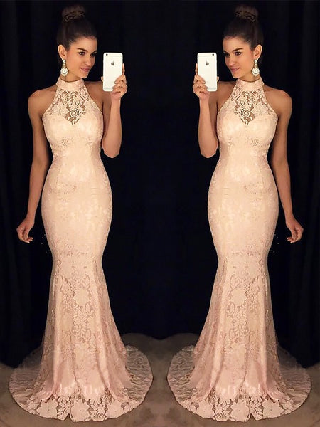 Trumpet/Mermaid High Neck Sleeveless Sweep/Brush Train Lace Prom Formal Dress with Ruffles
