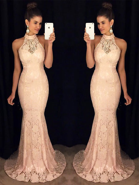 Trumpet/Mermaid High Neck Sleeveless Sweep/Brush Train Lace Prom Formal Dress with Ruffles