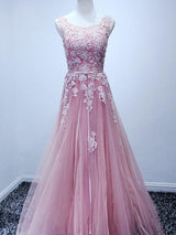 A-Line/Princess Scoop Tulle Sleeveless Sweep/Brush Train Prom Formal Dress with Applique