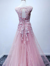 A-Line/Princess Scoop Tulle Sleeveless Sweep/Brush Train Prom Formal Dress with Applique
