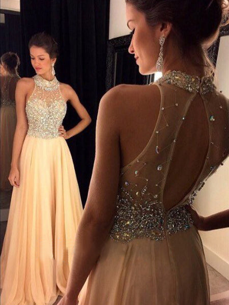 A-Line/Princess High Neck Sleeveless Chiffon Sweep/Brush Train Prom Dress with Crystal