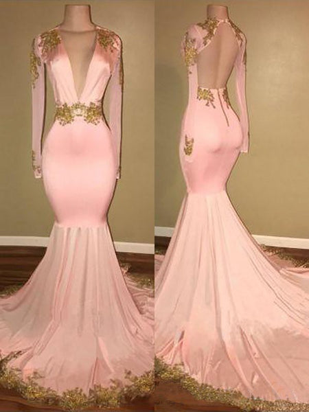 Trumpet/Mermaid V-Neck Sweep/Brush Train Long Sleeves Prom Evening Dress with Applique