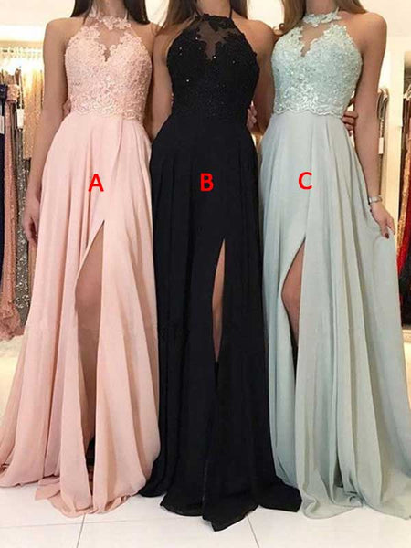 A-Line/Princess Halter Sweep/Brush Train Chiffon Sleeveless Prom Evening Dress with Slit