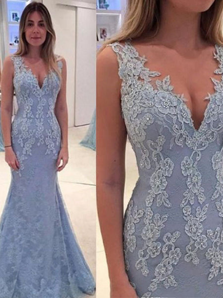 Trumpet/Mermaid V-neck Sweep/Brush Train Lace Sleeveless Prom Evening Dress with Applique