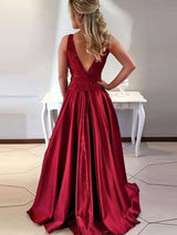 A-Line/Princess Scoop Sweep/Brush Train Satin Sleeveless Prom Evening Dress with Applique