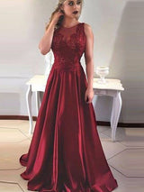 A-Line/Princess Scoop Sweep/Brush Train Satin Sleeveless Prom Evening Dress with Applique