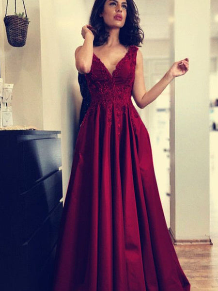 A-Line/Princess V-neck Sweep/Brush Train Satin Sleeveless Prom Evening Dress with Applique