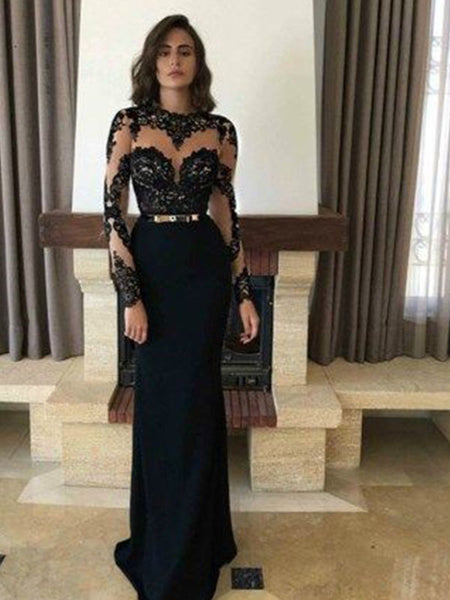 Sheath/Column Jewel Floor-Length Chiffon Long Sleeves Prom Evening Dress with Applique