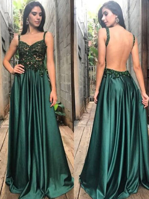 A-Line/Princess Straps Floor-Length Satin Sleeveless Backless Prom Dress with Applique