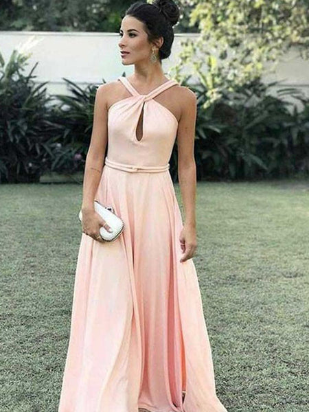 A-Line/Princess Halter Floor-Length Chiffon Sleeveless Prom Evening Dress with Ruffles