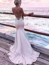 Trumpet/Mermaid Straps Sweep/Brush Train Satin Sleeveless Prom Evening Dress with Applique