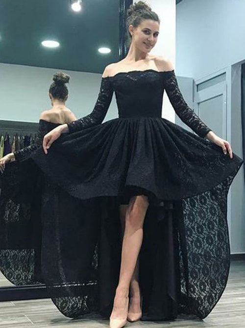 A-Line/Princess Off-the-Shoulder Sweep/Brush Train Long Sleeves Lace Prom Evening Dress with Ruffles