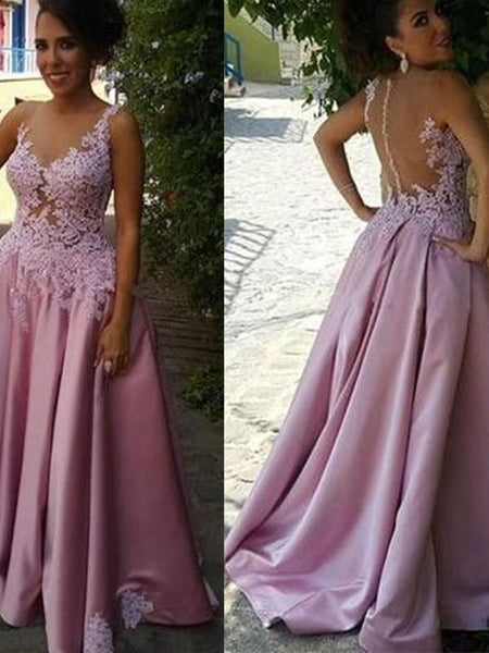 A-Line/Princess Sheer Neck Sweep/Brush Train Satin Sleeveless Prom Evening Dress with Applique