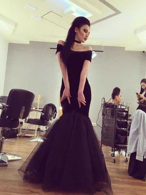 Trumpet/Mermaid Off-the-Shoulder Floor-Length Tulle Short Sleeves Prom Evening Dress with Ruffles