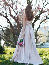A-Line/Princess Halter Sweep/Brush Train Satin Sleeveless Prom Evening Dress with Ruffles