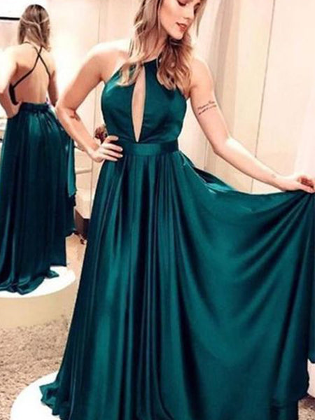 A-Line/Princess Halter Sweep/Brush Train Satin Sleeveless Backless Prom Evening Dress with Ruffles