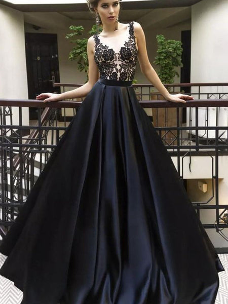 A-Line/Princess Sheer Neck Sweep/Brush Train Satin Sleeveless Prom Evening Dress with Applique