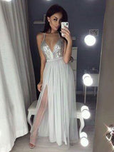 A-Line/Princess V-neck Floor-Length Chiffon Sleeveless Backless Prom Evening Dress with Slit