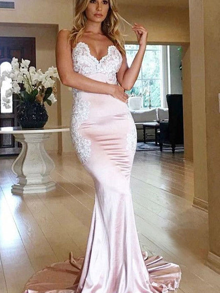 Trumpet/Mermaid Sweetheart Sweep/Brush Train Satin Sleeveless Backless Evening Dress with Applique