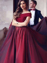A-Line/Princess Off-the-Shoulder Sweep/Brush Train Satin Sleeveless Prom Evening Dress with Ruffles
