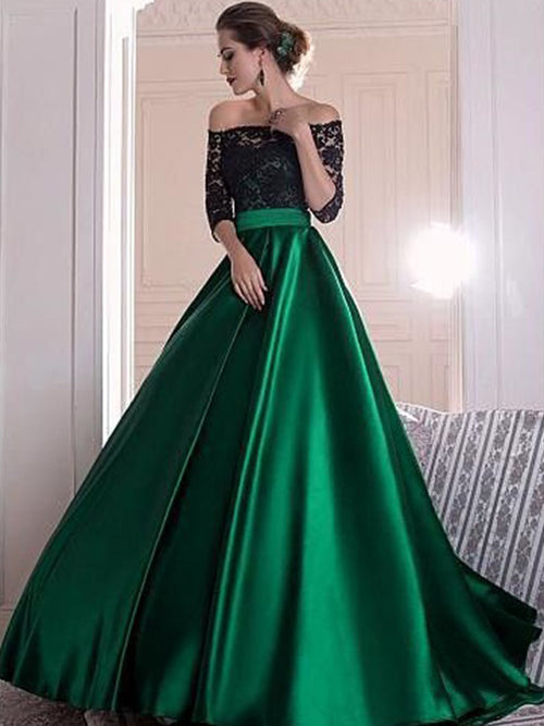 A-Line/Princess Off-the-Shoulder Sweep/Brush Train Satin 3/4 Sleeves Prom Evening Dress with Ruffles