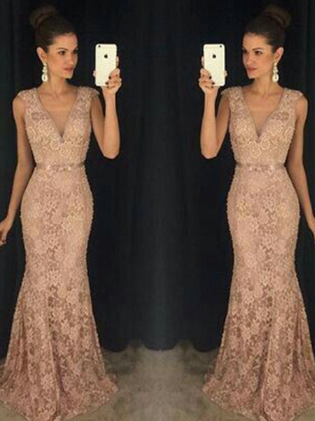 Trumpet/Mermaid V-neck Sweep/Brush Train Lace Sleeveless Prom Evening Formal Dress