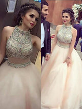 A-Line/Princess Hign Neck Floor Length Tulle Two Piece Prom Dress with Crystal