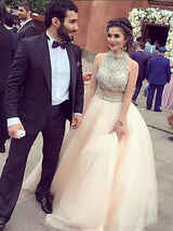 A-Line/Princess Hign Neck Floor Length Tulle Two Piece Prom Dress with Crystal
