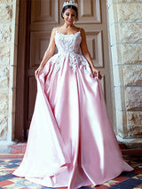 Ball Gown Spaghetti Straps Sweep/Brush Train Satin Prom Evening Dress with Applique