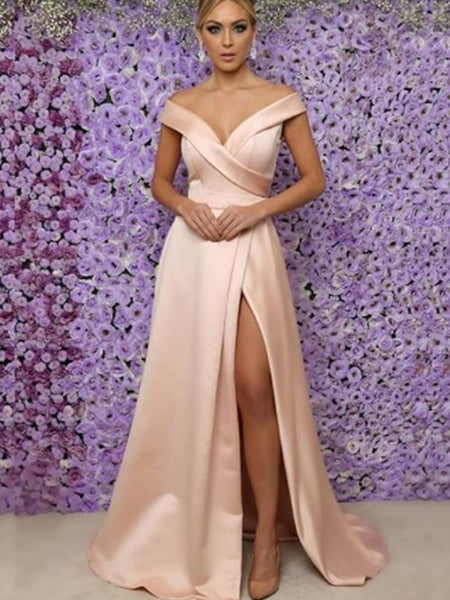 A-Line/Princess V-neck Floor Length Satin Ruffles Prom Evening Dress with Split